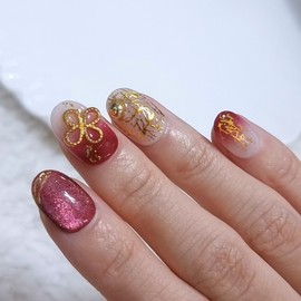New Year's Honghwa Handmade Nail Tips - Stiletto / 신년홍화 수제네일팁 - 스틸레토