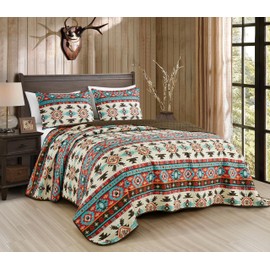 Chezmoi Collection Sanse 3-Piece Southwestern Geometric Motif Quilt Set - Multicolor Red Brown Blue Cream Printed Microfiber Lightweight Quilted Bedspread Set, Full (90" x 95")