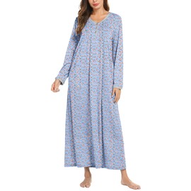Ekouaer Women's Long Sleeve Nightgown Long Sleepshirts Henley Sleep Dress Full Length Sleepwear S-4XL