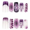 Uñas postizas francesas con flores moradas, acrílicas, largas, cuadradas, de