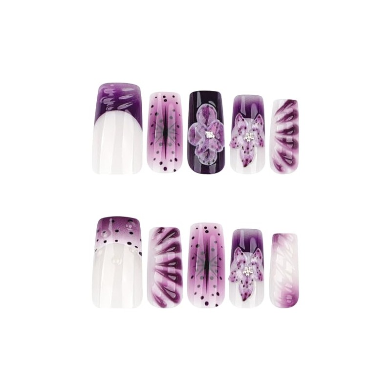 Uñas postizas francesas con flores moradas, acrílicas, largas, cuadradas, de