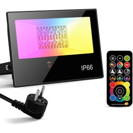 RGB LED Outdoor Spotlight with Remote Control, 1 Piece RGBW 4450 LM Dimmable Colours Outdoor Spotlight 3000 K Warm White Floodlight Colour Changing Lighting Floodlight Garden IP66 Waterproof