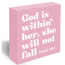 God is Within Her She will not Fall Bible Verse Sign Rustic Motivational Bible Verse Psalm 46:5 Wooden Sign for Home Office Living Room Church Bedroom Table Shelf Religious Gifts 5x5 -D22