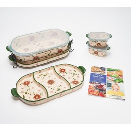 Temp-tations 10 pc Baker Set: 4 Qt Casserole Dish, 2 Trays, 2 Ramekins & More (Old World Poinsettia)