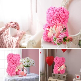 K KYMAKE Christmas Rose Bear Gifts for Women,Flower Bear Gifts for Mom,Rose Teddy Bear Romantic Birthday Gifts for Wife Daughter Girlfriend,Flower Bear With Rose Bouquet and I Love You Necklace (Pink)