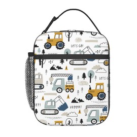 PAYOHTO Toddler Boys Lunch Bag Construction Truck Tractor White Insulated Lunch Box for School Kids Age 3-8 Leak Proof Reusable Meal Tote Bag for Kindergarten Preschool