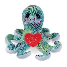 DolliBu I Love You Valentine Plush Iridescent Rainbow Octopus - Cute Stuffed Animal with Red Heart and Name Personalization Gift for Valentines Day, Birthday, Anniversary, Romantic Date - 9 Inches