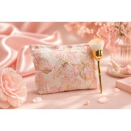 Nohari Kit Regalo - Cosmetiquera Floral + Brocha en Forma de Rosa Dorada - Set Maquillaje Aesthetic, Bolsa Organizadora Viaje, Regalo para Mujer, Cumpleaños