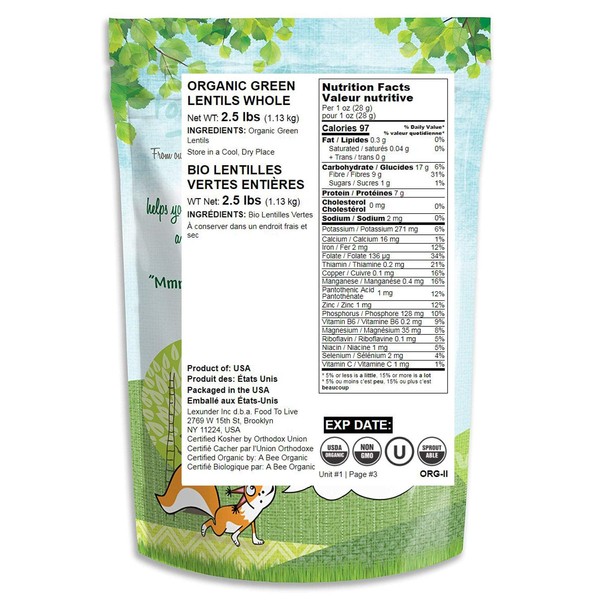 Organic Green Lentils, 2.5 Pounds — Whole Dry Beans, Non-GMO, Kosher, Raw, Sproutable, Bulk
