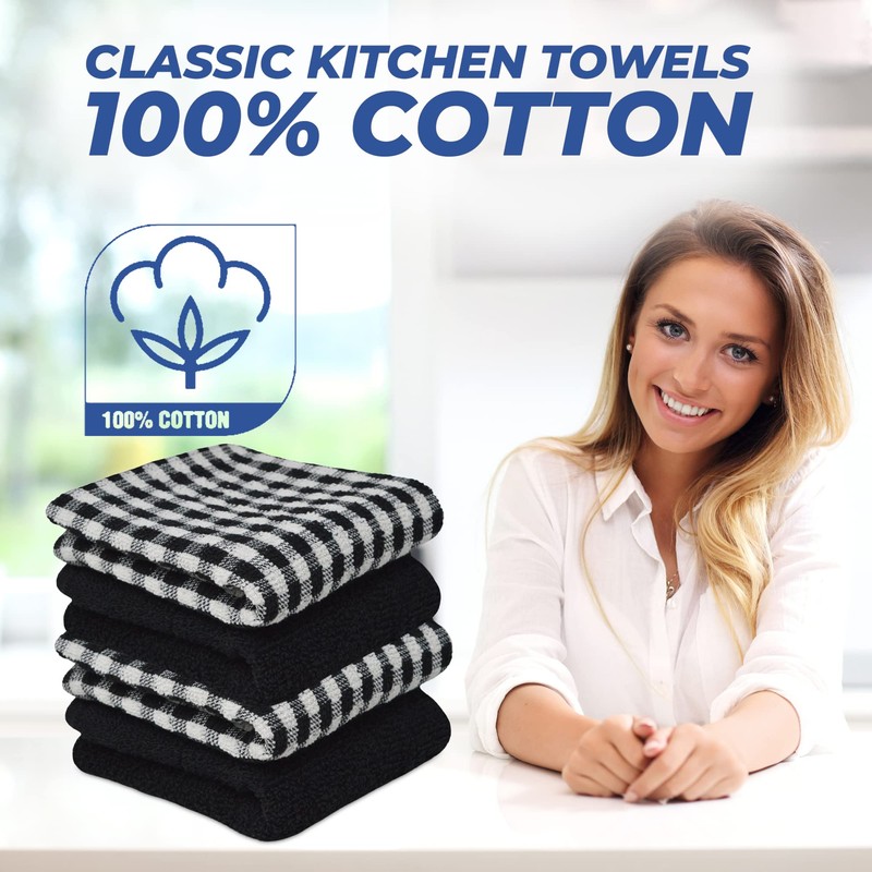 Towelogy® 4 Pack Kitchen Towel Set Monocheck Black 100% Cotton