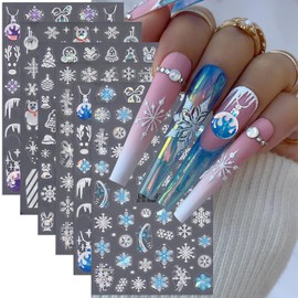 6 Sheets Laser Winter Nail Art Stickers Decals 3D Self-Adhesive Aurora Christmas Nail Stickers Gingerbread Man Snowman Snowflake Winter Nail Supplies Ball Bear Elk Xmas Tree Nail Art Design for Women