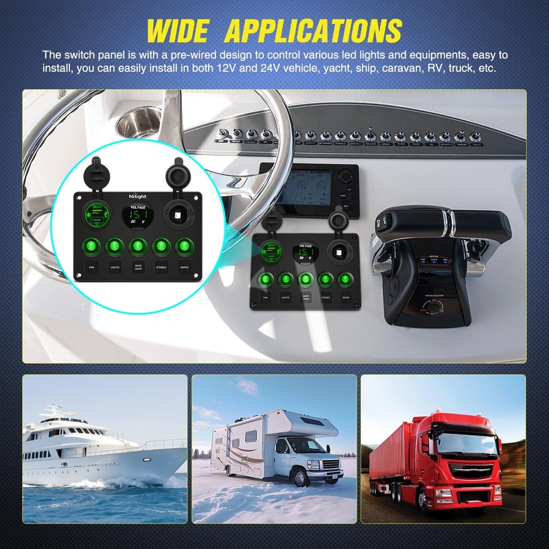 Nilight 5 Gang Multi Function Waterproof Switch Panel PD Type