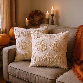 VivaNest Fall Pumpkin Decorative Throw Pillow Covers 18"x18", Set of 2 Beige Soft Faux Fur Pillow Covers for Autumn Harvest, Fluffy Plush Pillow Cases for Farmhouse Couch Cushion Covers