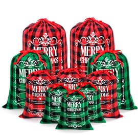 Thmyo Christmas Buffalo Plaid Drawstring Gift Bags Assorted Sizes Reusable Santa Sacks Wrapping Bag Bulk for Xmas Holiday Presents Party Favor (10pcs)