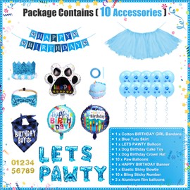 Pet Birthday Party Supplies,with Dog Birthday Scarf, Dog Birthday Crown Hat,Pink Paw Print,Dog Tutu Skirt, Birthday Banner, Balloons and Pink Bowtie for Pet Birthday Party Decorations (Blue)