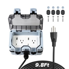 ZUYIYI Outdoor Power Outlet Box with 9.8Ft Extension Cord, Type C & USB Ports, STW 14 AWG, NEMA 5-15R Dual Electrical Outlets, Weatherproof Waterproof IP66, Exterior Wall Socket with Cover for Garden