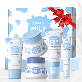 Milk Skincare Set, 5 Pcs Face Care Kit with Shea Butter & Vitamin E for Hydrating & Revitalising, Christmas Birthday Gift for Women Teenage Girls Friends Wife, TSA-Friendly Travel Sizes