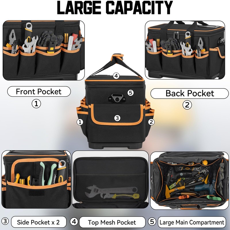 16 Inch Tool Bag with Waterproof Hard Bottom, Large Multi-Pockets