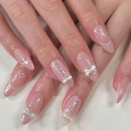 Foccna Press on Nails Medium Long Pearl Pink Fake Nails Almond Glossy 3D False Nail Tips Artificial Nails French Finger Manicure for Women and Girls-24pcs