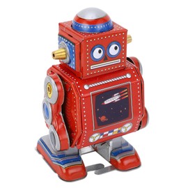 Wind-up Robot Toy, Vintage Metal Tin Robot, Funny Vintage Mechanical Children's Toy, Classic Robot, Clockwork Tin Toy Tabletop Bookshelf Decoration for Cafe Bar (Red)
