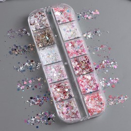 12 Grids Hexagon Heart Glitter Nail Sequins Holographic Mermaid Multi Color Nail Flakes Design Nail Charms 3D Confetti Nail Art Stickers Star Nail Glitter Sequins for Women Manicure Decoration