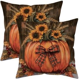 Puacino Pumpkin Throw Pillow Covers Set of 2, 18x18 Inch Fall Sunflower Plaid Bow Design, Double-Sided Print Welcome Fall Decorative Cushion Covers for Sofa Couch, Rustic Farmhouse Thanksgiving Decor