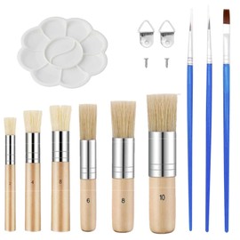 VZU Set of 6 Bristle Brush Set, Stencil Brush, Round Brush, Hair Brush Set, Wooden Stencil Brush, Natural Bristles for Acrylic, Oil, Watercolour Chalk, DIY Crafts