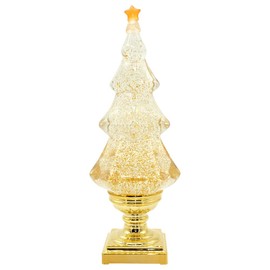 Eldnacele Musical 14" Light-up Christmas Tree Snow Globe Water Glittering Tree Clear Acrylic with USB Line and 6 Hours Timer for Home Decoration, Gold Coated Pedestal