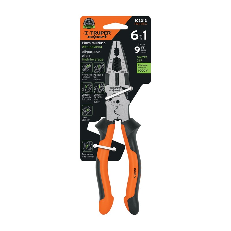 Truper Expert PMU-8EX, Pinza multiuso 8" electricista mango comfort grip