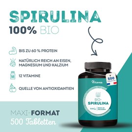 Super Spirulina Organic - 500 Spirulina Tablets of 500 mg - Rich in Proteins, Phycocyanin, Iron, Antioxidants - No Additives - Immune System, Fatigue - Vegan - Vitavea
