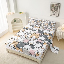 QOOMO Kawaii Kids Sheets Full Size,Kawaii Cat 16" Deep Pocket Bed Sheet Set,Cartoon Cat Printed Bedroom Decor Sheet Set Soft and Breathable for Boys/Girls/Kids/Teens,Full Size