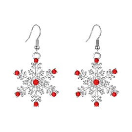 Ever Faith Party Snowflake Drop Hook Earrings Pierced Dangle Winter Austrian Crystal for Women Christmas Red Silver-Tone