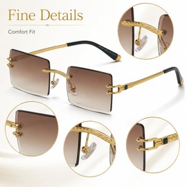 AOOLIA Rectangle Gradient Rimless Sunglasses Women Men Transparent Tinted Metal Frameless UV400 for Summer Holiday (Brown)