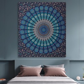 FURNISHFUL FINESSE Peacock Mandala Tapestry for Bedroom Living Room Décor, Cotton Boho Bohemian Wall Hanging Tapestries - 60x50 Inches, (Navy Blue & Green)