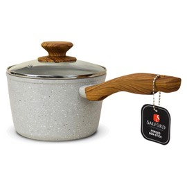 SALFORD 1.8 Quarts Aluminum Saucepan with Glass Lid – Nonstick Forged, Soft-Touch Wood Handle – Ideal for Boiling, Simmering & Sauces, Induction Compatible, PFOA-Free