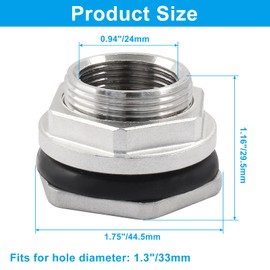 suiwotin 2pcs 1/2 Inch Female 3/4 Inch Male Stainless Steel Bulkhead Fitting, Water Tank Connector with 2 Rubber Rings, Thru-Bulk Pipe Fittings for Aquariums, Bucket Hose