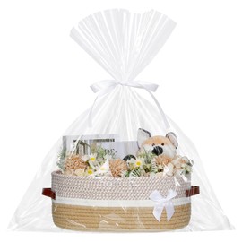 Colingmill Gift Basket with Cellophane Wrap Set with Handles Ribbons Gift Baskets Empty Large Storage 14"x 10"x 5.5" Empty Decorative Chest Box for Presents Wedding Baby Shower(Brown)