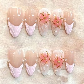 Shimmerz 24 Pieces Medium Almond Shaped Styling Nails with Elegant Pink Gradient and Floral Accents Reusable French Design Artificial Nails for Women