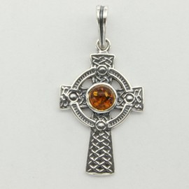 Amber America Cognac / Brown BALTIC AMBER Celtic Cross Pendant - 925 STERLING SILVER #6872