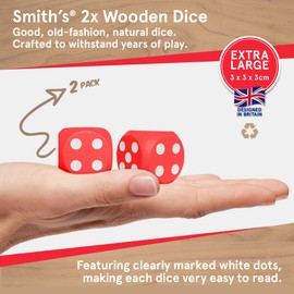Large Wooden Dice by Smith's® | 3 x 3 x 3cm | 2 Pack | Red | Educational Maths Games, Kids Board Game Accessories | No Harmful Materials | For 3 Year Olds +