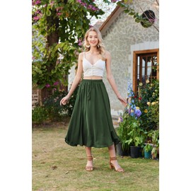 Zeagoo Skirts Women's Midi Length Elegant Skirt High Waist Maxi Skirt with Drawstring Plain Casual Skirt Wedding Cocktail Skirt, Green
