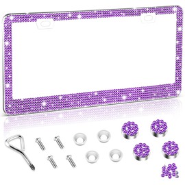 Amiss Bling License Plate Frame for Women, 1Pack Rhinestone Handcrafted Crystal Premium Stainless Steel, Stainless Steel Car Decorative Accessories with Diamond Sparkle Glitter Caps (Purple)