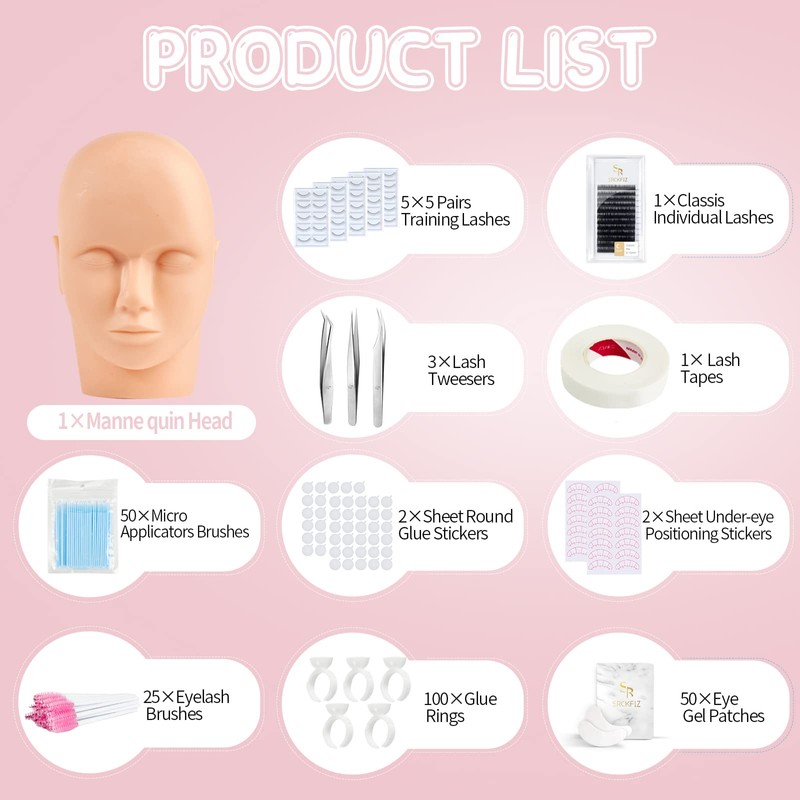 Eyelash Extension Kit with Mannequin Head Practice Lashes Exercise Set