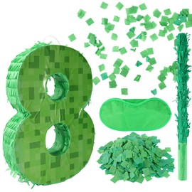 Number Mini Pixel Piñata, Green Pixel Birthday Party Decorations with Stick Blindfold Confetti Piñata Party Set for Kids Birthday Decorations (8)