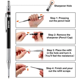 Enhon NEW 2mm Carpenters Pencil [2-in 1] with 13 Refills, Solid Mechanical Carpenter Pencils with Built-in Sharpener, Deep Hole Woodworking Carpentry Pencil Set for Architect Construction, Black