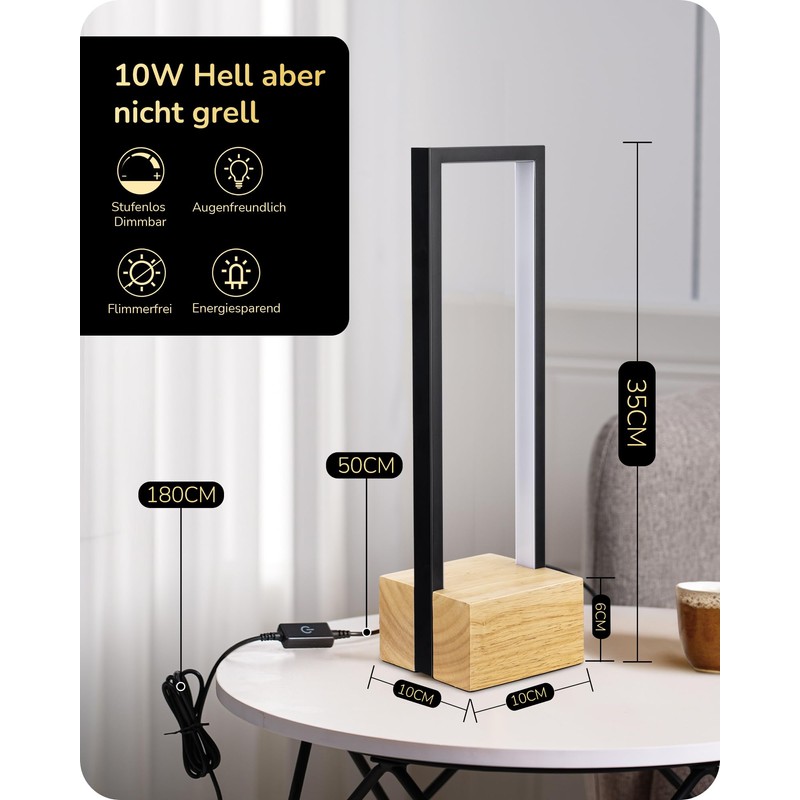 EDISHINE LED Wooden Table Lamp, Touch Dimmable & Memory Function,