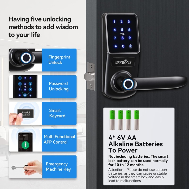 GEKRONE Smart Fingerprint Lock with Lever Handle, Keypad Touchscreen Keyless