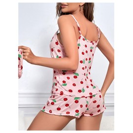 WDIRARA Women's 3 Pieces Cute Cherry Graphic Shorts Pajama Set Cami Top Sleepwear with Eye Mask Pink Cherry X-Large