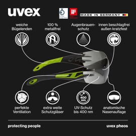 Uvex Pheos - Safety Glasses - Temple Glasses Supravision Excellence Technology - Metal-Free, Anti-Fog & Scratch-Resistant - One Size - Black/Green, Grey 23%