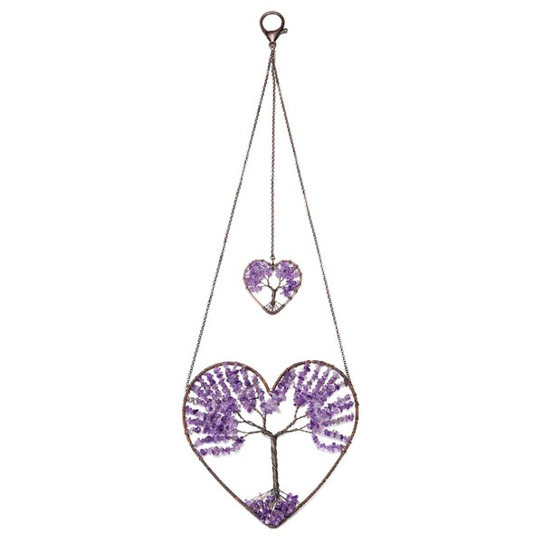 Jovivi Amethyst Heart Tree of Life Dream Catcher Hanging Ornament Bohemian Purple Double Hearts Tree of Life Crystal Window Car Wall Art Hanging Decorations for Home Bedroom Decor